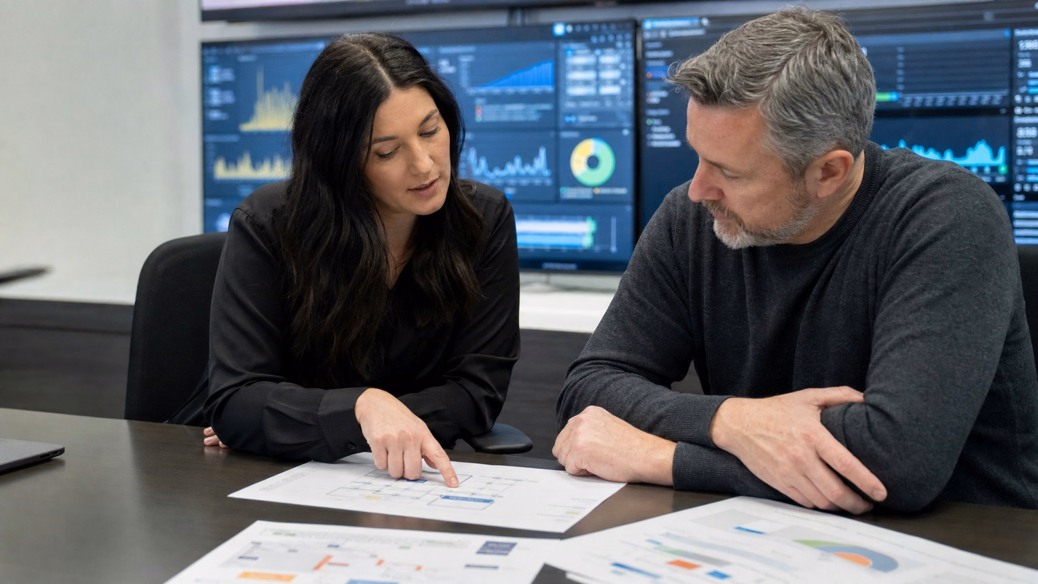 Cybersecurity team reviews network security protocols documents