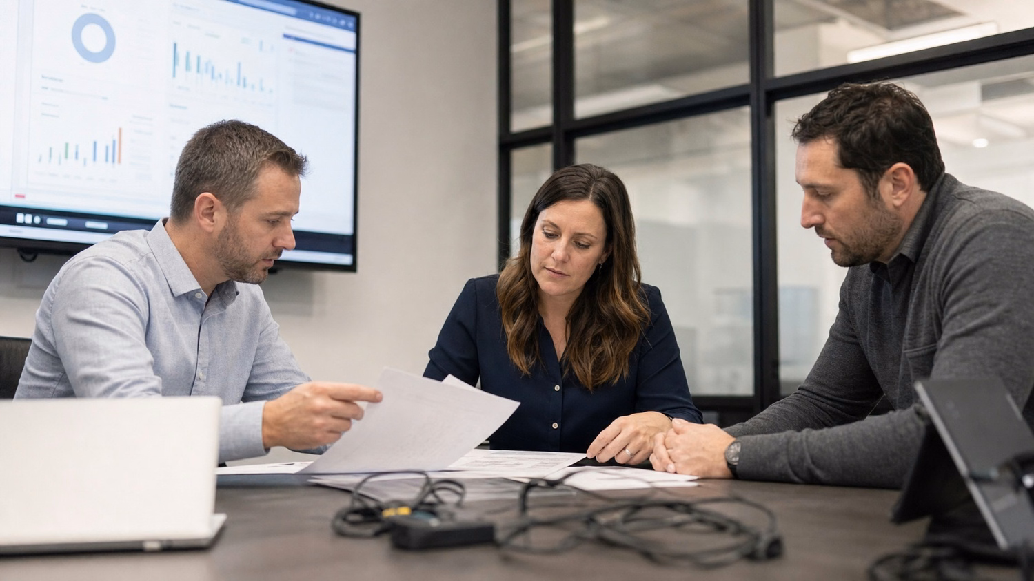 Team meeting, reviewing IT documents around conference table
